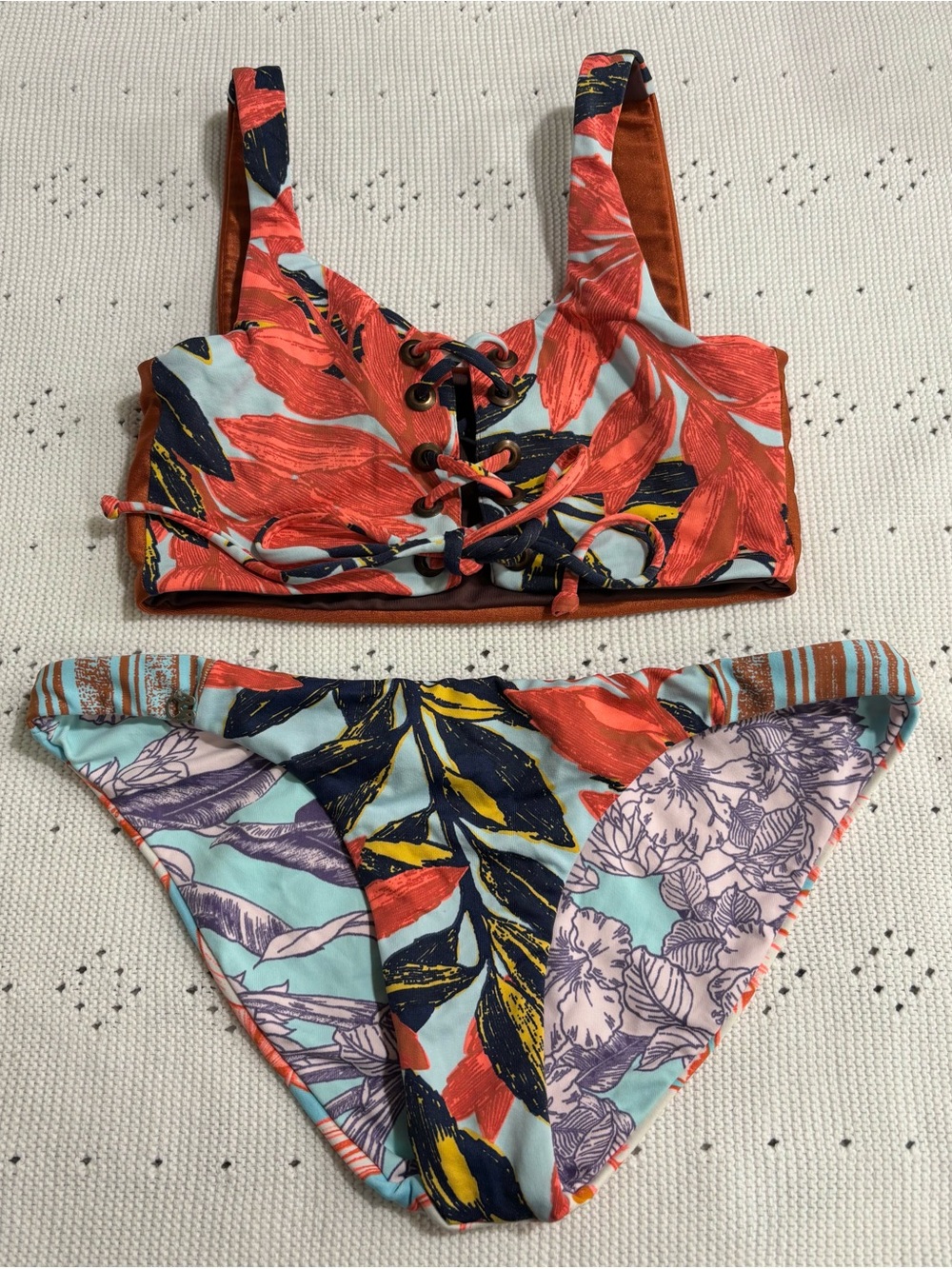 Maaji Reversible Floral Lace-Up Bikini Set in Coral, Aqua & Navy